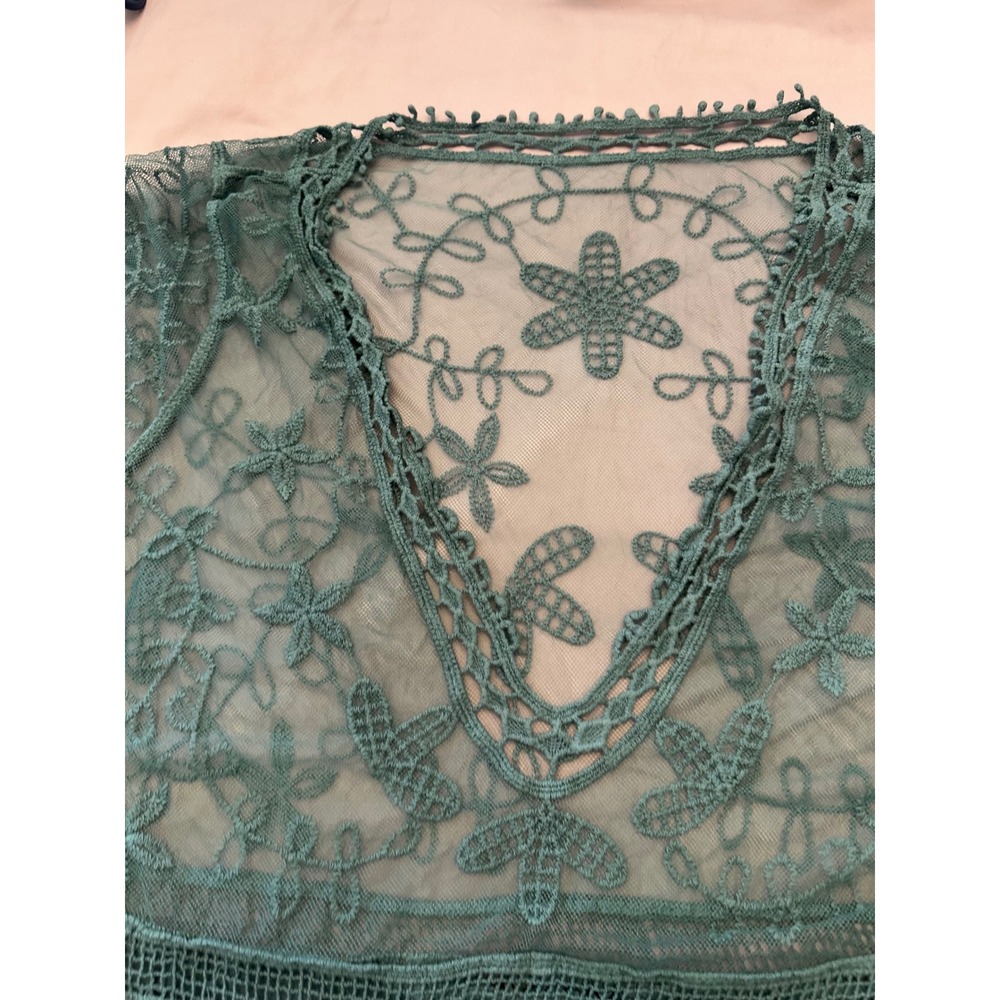Boho Floral Embroidered Mesh Lace V-Neck Top Plus Size Green Pom Pom Trim